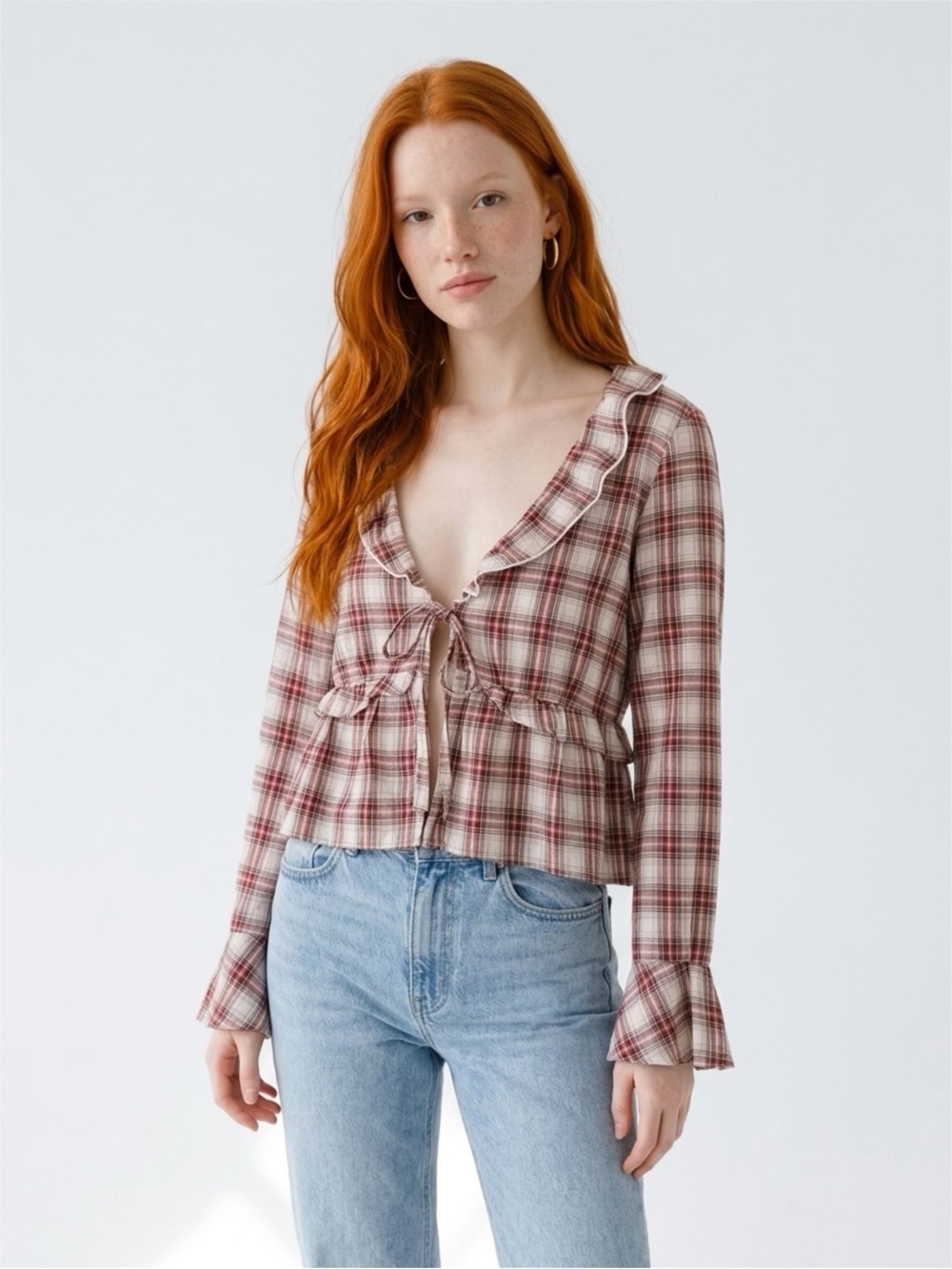 American Eagle Plaid Ruffle Tie-Front Blouse - Red/Cream